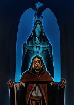 anthro brown_clothing clothing duo fantasy female hood_up male religious_clothing religious_symbol robe scenery size_difference purplebirdman human mammal 2026 colored colored_sketch detailed digital_drawing_(artwork) digital_media_(artwork) hi_res sketch