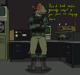 anthro armor body_armor boots bottomless bottomless_anthro bottomless_female bottomwear bottomwear_down camo camo_clothing camo_print clothed clothing computer crossed_arms desk dialogue digitigrade electronics female footwear furgonomic_footwear furgonomics furniture genitals gloves green_eyes gun hair handwear inside looking_at_viewer military_uniform pants pants_around_ankles pants_down partially_clothed pattern_clothing radio ranged_weapon scar scouter shoes solo standing table talking_to_viewer text uniform vulva weapon fogspot project_silverfish simmi_(project_silverfish) inheritor scalie aliasing digital_media_(artwork) english_text shaded