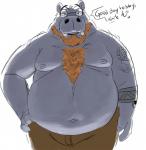 anthro belly body_hair bottomwear clothing eyewear glasses humanoid_hands male moobs navel nipples overweight overweight_anthro overweight_male pants shoulder_hair simple_background solo text white_background spazz_bear common_hippopotamus hippopotamid mammal 2018 english_text