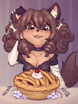 anthro bangs bodily_fluids breasts brown_eyes brown_hair brown_tail cherry cleavage clothed clothed_anthro clothed_female clothing curly_hair cutlery dessert dress female female_anthro flower fluffy fluffy_hair food fork front_view fruit furniture gift hair kitchen_utensils knife long_hair looking_at_viewer low_cut_shirt open_mouth open_smile pastry pie plant pose saliva smile smiling_at_viewer table tail tools elronya canid canine canis domestic_dog mammal brown_theme bust_portrait digital_media_(artwork) digital_painting_(artwork) painting_(artwork) portrait warm_colors
