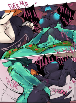 anthro anthro_on_anthro anthro_penetrated areola beanie black_beanie black_body black_clothing black_fur black_hat black_headwear black_shirt black_topwear blue_areola blue_body blue_fur blue_nipples breasts cheek_tuft closed_smile clothing dialogue facial_tuft female female_penetrated from_front_position fur fur_tuft genitals green_body green_fur group hand_on_another's_butt hand_on_butt hat headgear headwear male male/female mouth_closed multicolored_body multicolored_fur nipples nude nude_anthro nude_female nude_male open_mouth orange_body orange_fur penetration penile penile_penetration penis penis_in_vagina plap shirt smile tail text topwear trio tuft vaginal vaginal_penetration white_body white_fur sirkerner epic_games fortnite mythology cerberus_(fortnite) meow_skulls pack_leader_highwire calico_cat canid canid_demon canine canis demon domestic_cat felid feline felis hellhound mammal mythological_canine mythological_creature wolf absurd_res comic english_text hi_res