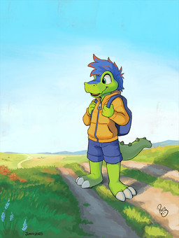 anthro backpack blue_backpack blue_bottomwear blue_clothing blue_eyes blue_hair blue_shorts blue_sky bottomwear clothed clothing glistening glistening_eyes green_body hair jacket logo male multicolored_hair open_mouth orange_clothing orange_jacket orange_topwear outside red_hair red_tongue short_hair shorts sky solo standing tongue topwear two_tone_hair young young_anthro young_male pandapaco lizard reptile scalie 2025 artist_logo dated hi_res signature