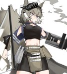 armor black_bottomwear black_clothing black_shorts black_topwear bottomwear breasts clothing female grey_eyes hair headgear helmet holding_object holding_shield holding_weapon midriff shield shorts simple_background smoke solo tail topwear weapon white_background signal_1120 animal_humanoid humanoid mammal mammal_humanoid rodent rodent_humanoid sciurid sciurid_humanoid tree_squirrel_humanoid 2023 digital_media_(artwork) hi_res