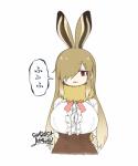 big_breasts bottomwear breasts brown_hair clothed clothing female fur_collar hair hair_over_eye long_hair one_eye_obstructed open_mouth red_eyes shirt skirt solo text topwear yoshida_hideyuki kemono_friends european_hare_(kemono_friends) animal_humanoid hare_humanoid humanoid lagomorph lagomorph_humanoid leporid_humanoid mammal mammal_humanoid 2019 5:6 hi_res japanese_text signature translation_request watermark