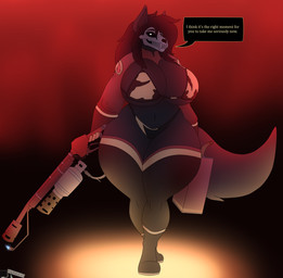 anthro big_breasts big_butt bikini black_sclera boots breasts butt clothed clothing curvy_figure dialogue female flamethrower footwear holding_object legwear looking_at_viewer ranged_weapon shoes simple_background solo swimwear text thick_thighs thong two-piece_swimsuit underwear weapon wide_hips photolol.03 scp_foundation team_fortress_2 valve pyro_(team_fortress_2) scp-1471-a skulldog_(species) absurd_res hi_res
