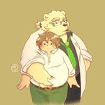 anthro belly bottomwear clothing duo eyewear glasses kemono male necktie overweight overweight_human overweight_male pants shirt simple_background smoking topwear baku_hosamo lifewonders tokyo_afterschool_summoners leib_(tas) protagonist_(tas) bear human mammal polar_bear ursine 1:1 2021