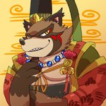 anthro belly brown_body brown_fur clothing fur hat headgear headwear kemono male overweight overweight_anthro overweight_male robe solo shirokumaou sengoku_puzzle matsudaira_hirotada canid canine mammal raccoon_dog tanuki 2020