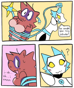 anthro blush blush_stickers breasts cheek_markings dialogue duo electrical_plug_tail ellipsis eyelashes facial_markings female female/female head_markings heart_nose heart_symbol long_eyelashes machine markings nervous nervous_smile question_mark restrained simple_background speech_bubble text tuft whip wrapped_up bigsteppies deltarune undertale_(series) noodle_(aimkid) tasque_manager darkner domestic_ferret felid feline mammal mustelid musteline robot robot_anthro true_musteline weasel comic hi_res