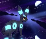 ambiguous_gender cloud eeveelution fairylove777 feral generation_2_pokemon glowing glowing_markings hi_res light markings meteor meteor_shower moon moonlight mountain nintendo pokemon pokemon_(species) purple_background reflection reflective_floor shiny_pokemon simple_background solo star umbreon watermark