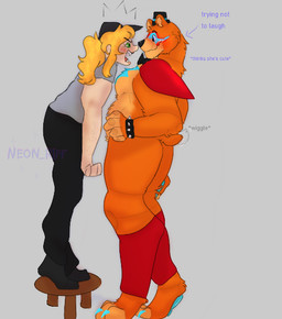 admiring anthro blonde_hair blue_eyes blue_markings blush bracelet brown_body brown_fur clothing duo female freckled_face freckles fur green_eyes hair hat headgear headwear jewelry legwear love makeup male markings ponytail scolding security_uniform size_difference slightly_chubby spiked_bracelet spikes tail tail_motion tailwag top_hat tsundere m0chibunz five_nights_at_freddy's five_nights_at_freddy's:_security_breach scottgames steel_wool_studios freddy_(fnaf) glamrock_freddy vanessa_(fnaf) bear brown_bear human mammal ursine