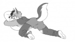 anthro ass_up boxers_(clothing) bulge butt clothed clothing ear_piercing eyes_closed male open_mouth piercing pillow presenting presenting_hindquarters raised_tail rope simple_background solo tail topless underwear white_background yawn vasuki shyloc canid canine canis fox hybrid mammal wolf greyscale monochrome