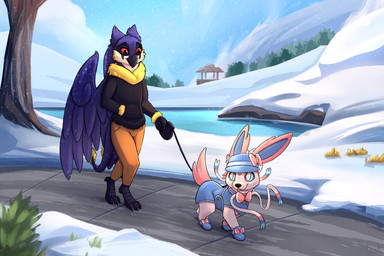 4_toes anthro bdsm beak black_beak black_feet blep blue_body blue_eyes blue_feathers blue_fur bottomwear clothed clothing duo feathers feet female feral fur hat headgear headwear jacket leash male male/female outside pants paws petplay pink_body pink_fur red_eyes relationship ribbons_(anatomy) roleplay snow tail toes tongue tongue_out topwear walking white_body white_fur wings yellow_body yellow_feathers yurusa capcom monster_hunter nintendo pokemon angel_(bird) bird_wyvern eeveelution generation_6_pokemon malfestio monster pokemon_(species) sylveon 3:2 hi_res andromorph_(lore)