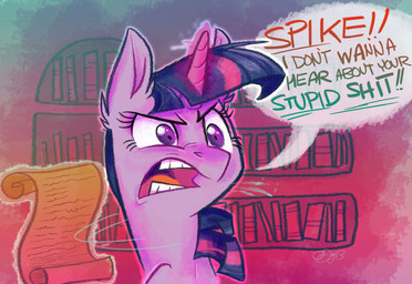 angry book bookshelf dialogue female feral fur furniture glowing hair horn levitation library magic multicolored_hair profanity purple_body purple_eyes purple_fur purple_hair scroll solo sparkles text two_tone_hair graystripe64 friendship_is_magic hasbro my_little_pony mythology twilight_sparkle_(mlp) equid equine mammal mythological_creature mythological_equine unicorn 2013 english_text hi_res