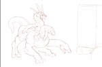 3_heads 4_eyes beak body_takeover breasts clothed clothing female fur growth hooves horn multi_eye multi_head nude paws solo topless transformation uglyshadow avian chimera equid equine mammal monster reptile scalie taur monochrome sequence sketch