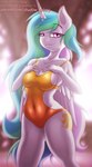 anthro big_breasts breasts butt clothed clothing cutie_mark eyebrow_through_hair eyebrows eyelashes feathered_wings feathers female hair horn looking_at_viewer multicolored_hair one-piece_swimsuit smile solo swimwear text translucent translucent_hair white_body wings shad0w-galaxy friendship_is_magic hasbro my_little_pony mythology patreon princess_celestia_(mlp) equid equine mammal mythological_creature mythological_equine winged_unicorn digital_media_(artwork) url