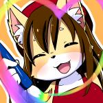 anthro black_nose blush brown_hair brush cheek_tuft clothed clothing eyes_closed facial_tuft female fur hair happy heart_symbol inner_ear_fluff kemono multicolored_body multicolored_fur open_mouth orange_body orange_fur smile solo tongue tuft two_tone_body two_tone_fur white_body white_fur kemoribbon canid canine fox mammal 1:1 2015