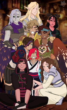 anthro clothing dnd5e eyewear fantasy female glasses group male pose simple_background ambysweetdragon dungeons_and_dragons hasbro mythology paizo pathfinder wizards_of_the_coast aasimar drow elf human mammal owlin tiefling vampire absurd_res hi_res