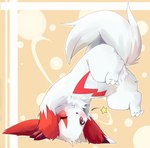 ambiguous_gender belly claws feral fur looking_at_viewer multicolored_body multicolored_fur one_eye_closed raised_tail red_eyes rolling_over simple_background smile solo spinning tail white_body white_fur wink winking_at_viewer geo-lite nintendo pokemon generation_3_pokemon mammal pokemon_(species) zangoose hi_res unavailable_at_source