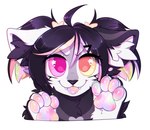 anthro black_body black_fur black_hair black_inner_ear_fluff black_nose blep claws closed_smile fangs female front_view fur hair heterochromia inner_ear_fluff looking_at_viewer mouth_closed multicolored_pawpads orange_pupils pawpads pink_eyes pink_pupils pupils semi-anthro simple_background smile solo teeth tongue tongue_out tuft white_background white_body white_claws white_fur white_inner_ear_fluff yellow_eyes bloominglynx charlotte_(bloominglynx) 2024 bust_portrait portrait