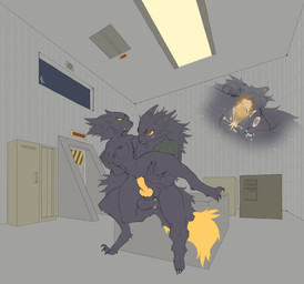 animal_genitalia anthro bodily_fluids box breast_grab breasts carrying_another claws clothing container crate cum cum_inside dark_body dark_fur duo ear_markings female fluorescent_light freckled_face freckles fur genital_fluids genitals hand_on_breast internal knot locker male male/female markings onomatopoeia poncho sex sheath sound_effects test_chamber text torn_clothing vaginal untalentedscribbles casualties:_unknown caspian_(rahl187) expie_(gunsawian) gunsawian flat_colors hi_res