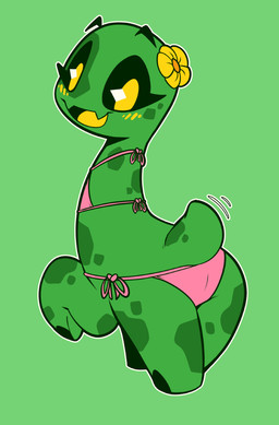 4_legs bikini black_sclera blush clothing eyebrows fangs female feral flower flower_accessory flower_on_head glistening glistening_eyes green_background green_body markings motion_lines pink_bikini pink_clothing pink_swimwear plant raised_leg short_tail simple_background smile solo spots spotted_body swimwear tail tail_motion tailwag teeth tongue two-piece_swimsuit yellow_eyes yellow_tongue whygena microsoft minecraft mojang xbox_game_studios cadence_(whygena) creeper_(minecraft) 2026 flat_colors hi_res