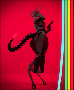 ambiguous_gender anthro armor black_armor black_body butt dual_wielding glistening glistening_body gun handgun highlights_(coloring) holding_object holding_weapon latex lights looking_at_viewer low-angle_view machine metallic_body pointing_gun_at_viewer pose ranged_weapon red_background red_highlights revolver segmented_tail simple_background solo stripes thick_thighs weapon syn-blue arc_raiders dr_g3sg1_(syn-blue) android robot robot_anthro 3d_(artwork) digital_media_(artwork) hi_res pinup watermark nonbinary_(lore)