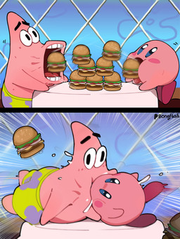 accidental_kiss ambiguous_gender black_eyebrows black_eyes bottomwear burger clothed clothing duo eating eyebrows flower_cloud_(spongebob) food kissing krabby_patty pink_arms pink_body teeth the_krusty_krab tongue topless bongftah kirby_(series) nickelodeon nintendo spongebob_squarepants kirby patrick_star aquatic asterozoan echinoderm starfish waddling_head 3:4 absurd_res crossover hi_res
