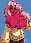 areola areola_slip big_breasts breasts clothed clothing female freckled_breasts freckles hair huge_breasts looking_at_viewer not_furry pink_hair smile solo sweater topwear leokingdom kyoob_(thegentlebro) humanoid hi_res