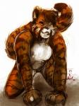 anthro bdsm biped collar fur kneeling male nipple_piercing nipples nude petplay piercing roleplay simple_background slave smile solo dlost bitty felid mammal pantherine tiger 2015 3:4 hi_res