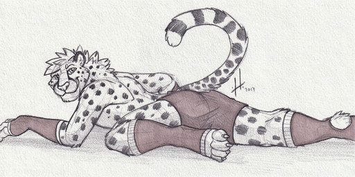 anthro armwear closed_smile clothed clothing facial_spots fur glistening glistening_eyes hair legwear looking_at_viewer lying male male_anthro markings messy_hair mouth_closed neck_tuft on_front short_hair simple_background slim_anthro slim_male smile solo spots spotted_arms spotted_body spotted_face spotted_fur spotted_legs spotted_markings spotted_neck spotted_tail striped_markings striped_tail stripes tail tail_markings topless tuft hufnaar cheetah felid feline mammal 2017 dated hi_res partially_colored