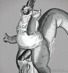 big_tail black_penis bodily_fluids bottomless clothed clothing cum dripping drooling genital_fluids genitals licking male messy open_mouth penis saliva shirt slightly_chubby swallowing tail text text_on_clothing text_on_shirt text_on_topwear tongue tongue_out topwear wide_hips larathen larathen_(character) dinosaur dromaeosaurid lizard prehistoric_species reptile scalie theropod black_and_white hi_res monochrome