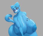 anthro areola big_breasts blush breasts female green_eyes hand_on_breast huge_breasts hyper hyper_breasts nipples pupils slit_pupils solo tail feruine cartoon_network the_amazing_world_of_gumball nicole_watterson domestic_cat felid feline felis mammal hi_res