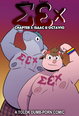 anthro backwards_baseball_cap backwards_hat baseball_cap body_writing bottomwear brown_hair clothed clothing duo flexing flexing_bicep gills green_hair grey_body hair hat headgear headwear lgbt_pride male mohawk nipples overweight overweight_anthro overweight_male pink_body posing_for_the_viewer pride_color_accessory pride_colors rainbow_pride_colors smile smiling_at_viewer teeth_showing text text_on_body topless topless_anthro topless_male wristband t0l0k isaac_(t0l0k) octavio_(t0l0k) aquatic domestic_pig fish mammal shark suid suine sus_(pig) comic cover cover_art cover_page english_text hi_res