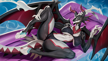 4_toes 5_fingers anthro bedroom_eyes big_breasts big_butt big_wings bikini black_body black_scales blue_eyes breasts butt camel_toe claws clothed clothing collarbone countershading feet female finger_claws fingers half-closed_eyes horn inflatable_ride inflatable_toy looking_at_viewer membrane_(anatomy) membranous_wings narrowed_eyes nipple_outline pool_float pool_toy poolside pose presenting scales seductive skimpy skimpy_bikini solo spade_tail spiked_tail spikes spikes_(anatomy) spread_legs spreading swimwear tail talons teasing thick_thighs toe_claws toes two-piece_swimsuit water white_body white_countershading wings johnfoxart mythology yu-gi-oh! dragonmaid_sheou dragon dragonmaid_(yu-gi-oh!) duel_monster mythological_creature mythological_scalie reptile scalie 2022 digital_media_(artwork)