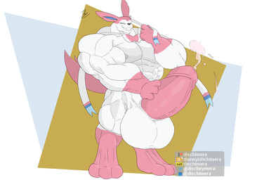 abs anthro balls big_balls big_muscles big_pecs big_penis bodily_fluids cum ejaculation erection genital_fluids genitals grin huge_balls huge_muscles huge_penis hyper hyper_balls hyper_genitalia hyper_muscles hyper_penis male muscular muscular_anthro muscular_arms muscular_legs muscular_male nipples pecs penis smile smug smug_grin solo thick_neck conditional_dnp dischimera nintendo pokemon eeveelution generation_6_pokemon pokemon_(species) sylveon