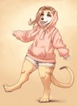 4_toes 5_fingers anthro barefoot black_nose bottomwear brown_hair brown_markings brown_pawpads claws clothing digitigrade dipstick_tail eyes_closed facial_markings feet female fingers fur hair happy head_markings hoodie long_hair markings open_mouth open_smile oversized_clothing oversized_hoodie oversized_topwear pawpads pink_clothing pink_hoodie pink_topwear pull_string shorts smile solo striped_markings stripes tail tail_markings tan_body tan_fur teeth thick_thighs toes tongue topwear wide_hips noviraine maya_(tasanko) herpestid mammal meerkat 2022 colored_sketch digital_media_(artwork) signature sketch