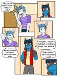 3:4 anthro anthrofied bottomwear clothed clothing comic dialogue duo eeveelution english_text fully_clothed fuze generation_4_pokemon glaceon hi_res lance_(fuze) lucario male male/male navel nintendo open_clothing open_shirt open_topwear pants pokemon pokemon_(species) pokemorph shirt sleeveless_hoodie t-shirt text topwear
