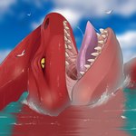 bodily_fluids cloud female feral looking_at_viewer macro open_mouth red_body saliva sea sharp_teeth solo teeth tongue water yellow_eyes vore_(artist) the_sea_beast red_(the_sea_beast) marine monster red_bluster sea_monster 1:1 hi_res