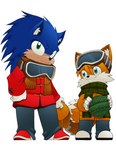 2_tails anthro beanie blue_eyes bottomwear clothing duo eyewear gloves goggles green_eyes handwear hat headgear headwear inner_ear_fluff male multi_tail pants plantigrade scarf simple_background smile sweater tail topwear tuft white_background bleedman sega sonic_the_hedgehog_(film) sonic_the_hedgehog_(series) miles_prower sonic_the_hedgehog canid canine eulipotyphlan fox hedgehog mammal 2022 hi_res