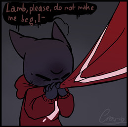 ambiguous_anthro ambiguous_gender anthro black_border border clothing dialogue eyes_closed grey_background red_clothing simple_background solo speech_bubble text crow-ig cult_of_the_lamb massive_monster_(studio) narinder domestic_cat felid feline felis mammal 2025 digital_drawing_(artwork) digital_media_(artwork) english_text hi_res signature