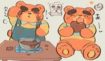 anthro apron bodily_fluids brown_body brown_fur candy chibi chocolate clothed clothing cooking dessert eyes_closed food fur holidays kemono male shirt sitting solo sweat text topwear buta5kawa animal_crossing nintendo valentine's_day teddy_(animal_crossing) bear mammal 2021 hi_res japanese_text