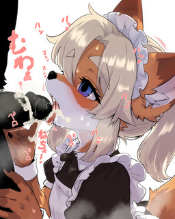 anthro black_clothing blonde_hair blue_eyes blush bodily_fluids brown_ear_tips clothing countershade_face countershade_torso countershading cum cum_in_mouth cum_inside dipstick_ears ear_markings fellatio female fur genital_fluids genitals gloves_(marking) hair kemono legwear long_hair maid_uniform markings multicolored_ears open_mouth oral orange_body orange_ears orange_fur orange_tail penile penis sex smegma solo tail tongue uniform white_body white_fur young young_anthro gayoku_midara canid canine fox mammal 4:5 hi_res