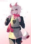 2_horns anthro belt blush clothing eyewear femboy floppy_ears fur glasses heart_symbol horn legwear looking_at_viewer male open_mouth petals pink_eyes pink_horn pink_scarf scarf simple_background solo thigh_highs white_body white_fur aamakuruu deltarune undertale_(series) ralsei bovid caprine goat mammal hi_res