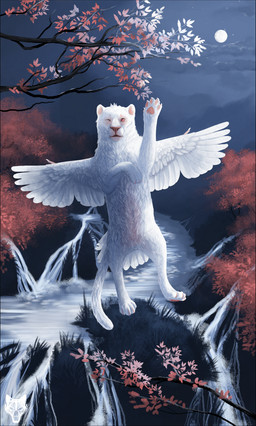 detailed_background feathered_wings feathers feral fur moon night outside paws plant red_eyes river sky solo tree water white_body white_fur wings oneminutesketch felid hybrid mammal 2015 digital_media_(artwork) hi_res