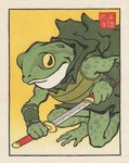 anthro armor asian_clothing cape clothing drawing_sword east_asian_clothing japanese japanese_clothing katana looking_at_viewer male melee_weapon samurai semi-anthro solo sword text ukiyo-e warrior weapon thejedhenry chrono_trigger square_enix glenn_(chrono_trigger) amphibian frog japanese_text traditional_media_(artwork)