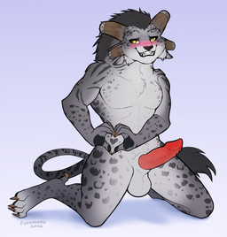 amber_eyes anthro balls blush erection fur fur_markings genitals gesture grey_body grey_fur grin hand_gesture heart_(marking) horn kneeling male markings nude penile_spines penis shy smile solo spots spotted_body spotted_fur fuzzikayu guild_wars kayde_seargrin charr felid mammal absurd_res hi_res