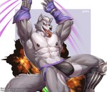 abs anthro ball_slip balls bulge clothing fur genitals grey_body jockstrap male muscular muscular_anthro muscular_male nipples pecs side_balls solo tail tongue tongue_out underwear amon-sydonai nintendo star_fox wolf_o'donnell canid canine canis mammal wolf hi_res