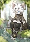 anthro biped blue_eyes cheek_tuft clothed clothing digitigrade ear_piercing ear_ring eyewear facial_tuft fur fur_tuft glasses hair heterochromia kemono male piercing pince-nez plant ring_piercing small_glasses solo tail tree tuft water water_stream wearing_glasses whiskers white_hair yellow_eyes hoshino domestic_cat felid feline felis mammal hi_res