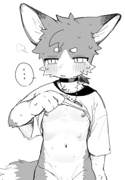 4_fingers anthro bodily_fluids clothed clothing clothing_lift collar countershade_face countershading ellipsis embarrassed facial_tuft fingers front_view half-closed_eyes jewelry kemono looking_at_viewer male male_anthro narrowed_eyes navel necklace nipples partially_clothed shota solo sweat tail tuft young young_anthro young_male kuromu canid canine mammal half-length_portrait hi_res monochrome portrait