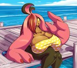 anthro big_breasts bikini breast_squish breasts brown_body clothing cloud day detailed_background eyebrows eyelashes female hair hair_hand hair_over_eye huge_breasts lips number obscured_eye open_mouth outside pokemorph sea shadow sky solo squish swimwear text thick_thighs tongue two-piece_swimsuit walkway water white_text yellow_eyes latiar nintendo pokemon melanie_mortrose generation_6_pokemon gourgeist pokemon_(species) 2022 artist_name digital_media_(artwork) english_text hi_res